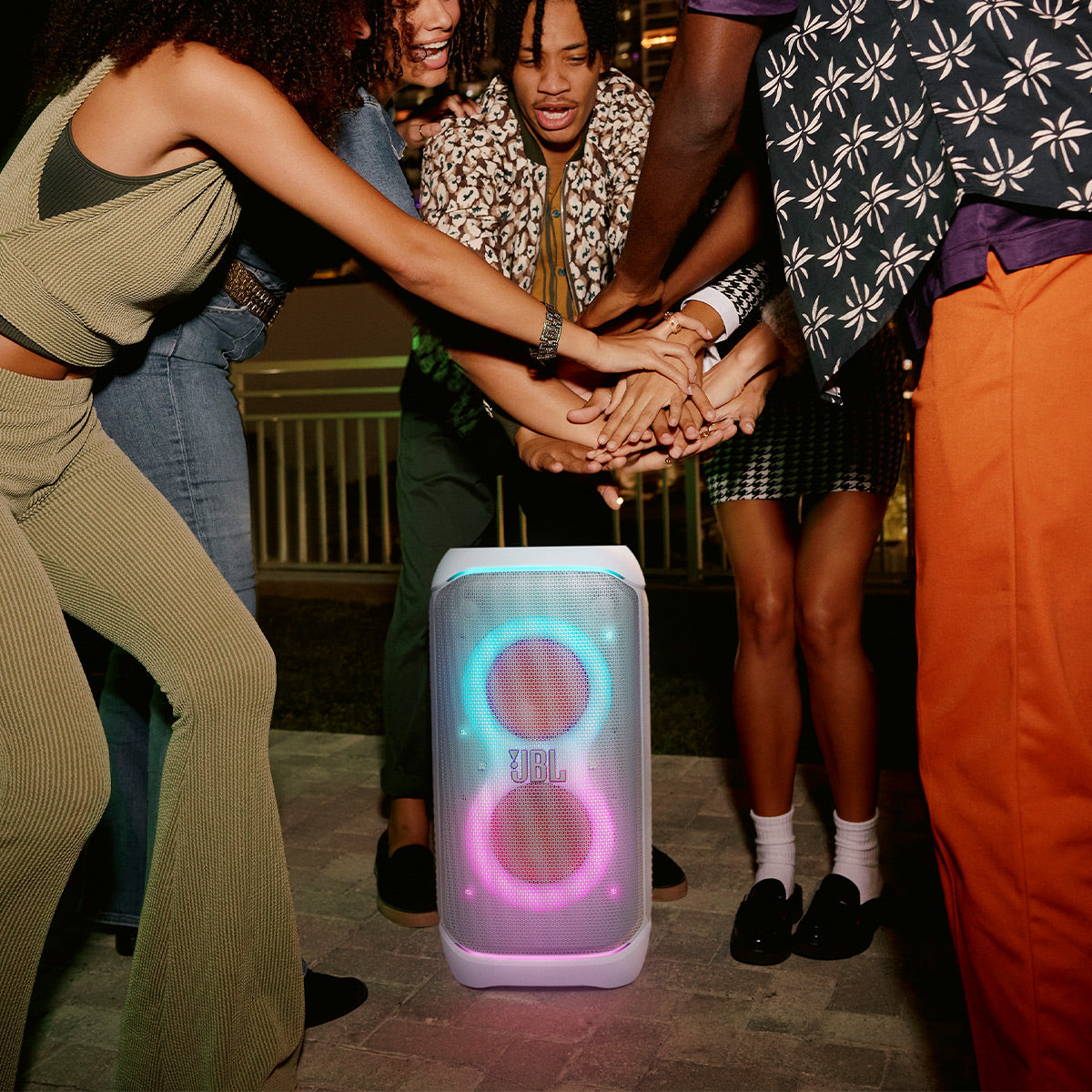JBL PartyBox Stage 320 Portable Party Speaker with Wireless Two Microphone System (White)