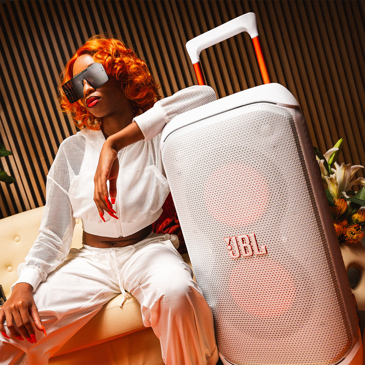 JBL PartyBox Stage 320 Portable Party Speaker with Wireless Two Microphone System (White)