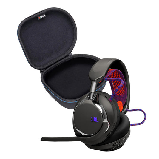 Black wireless gaming headset with RGB earcup lighting and boom mic next to open hard case