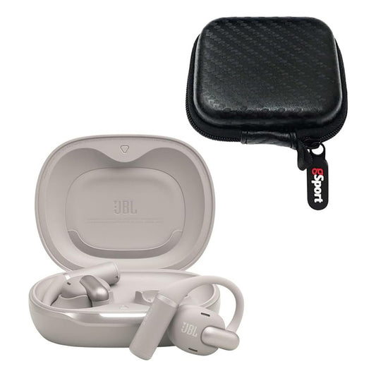 Gray open-ear wireless earbuds in an open charging case next to a black zippered carrying case