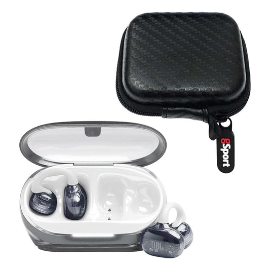 White open-ear wireless earbuds with transparent casing inside an open charging case next to a black