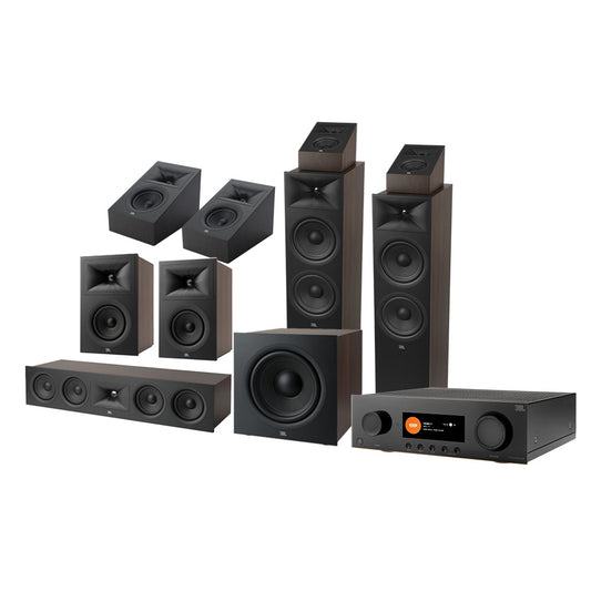 Black home theater speaker system with tower speakers, subwoofer, and receiver