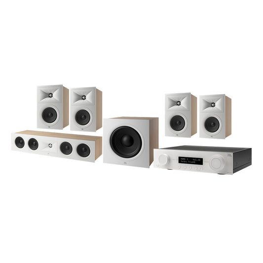 White 5.1 channel home theater speaker system with subwoofer and receiver
