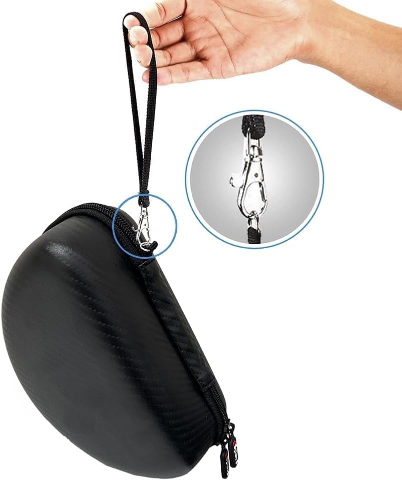 Black hard-shell headphone case with a detachable wrist strap and metal carabiner clip