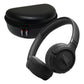 Black on-ear headphones with padded ear cups and a matching hard-shell zippered case