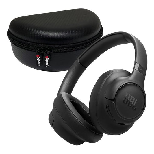 Black over-ear headphones with padded ear cups and a matching hard-shell zippered case