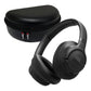 Black over-ear headphones with padded ear cups and a matching hard-shell zippered case