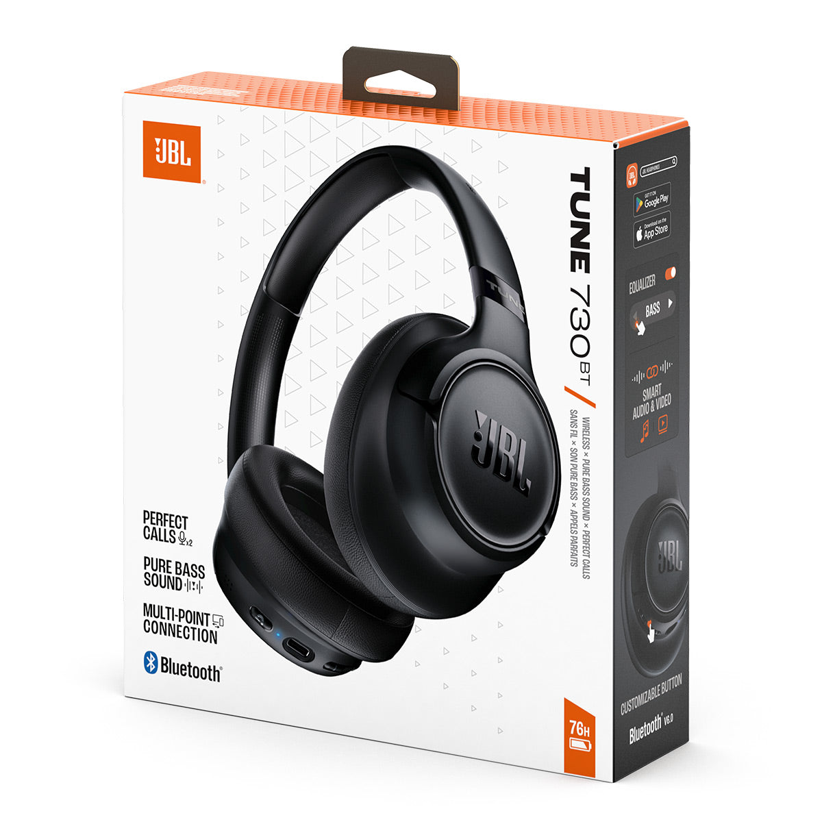 Black over-ear headphones with padded ear cups and a padded headband shown in retail packaging