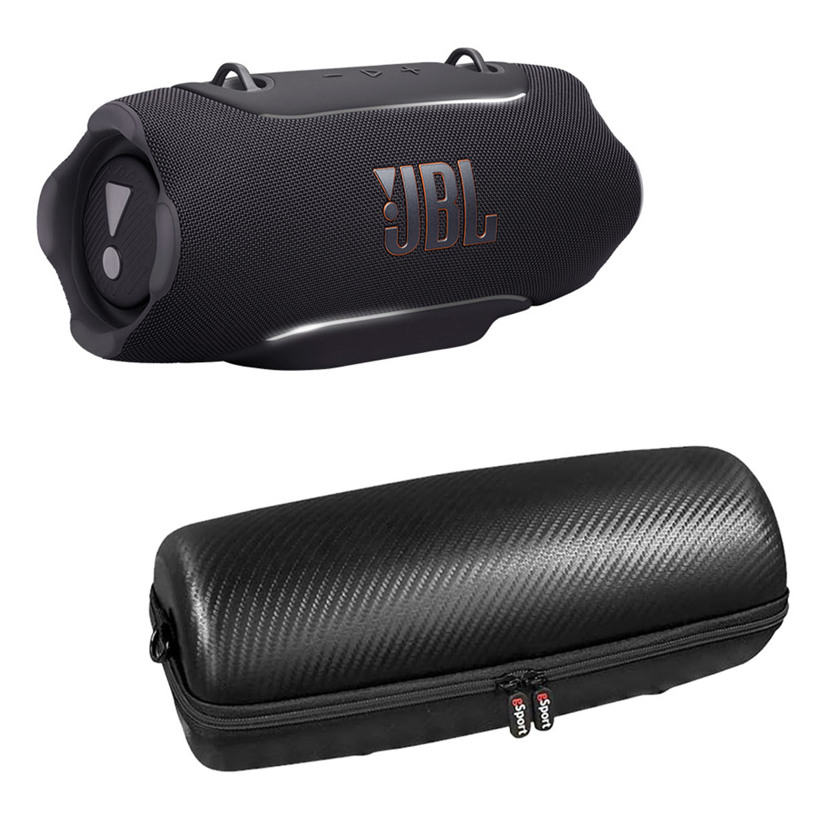 Black portable Bluetooth speaker with orange logo and a matching hard-shell zippered case