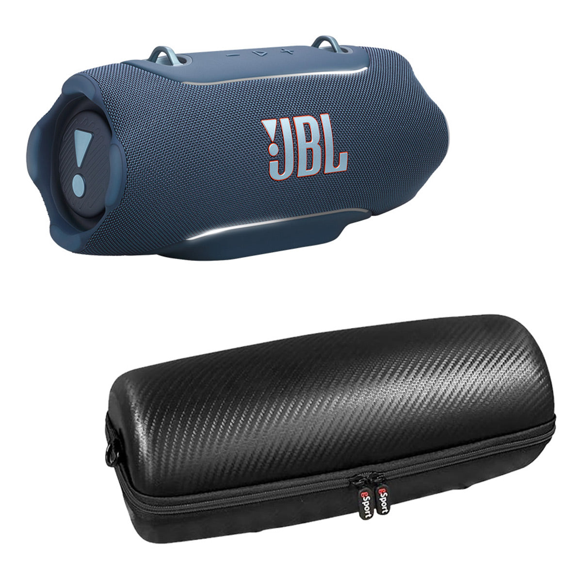 Blue portable Bluetooth speaker with orange logo and black hard-shell carrying case