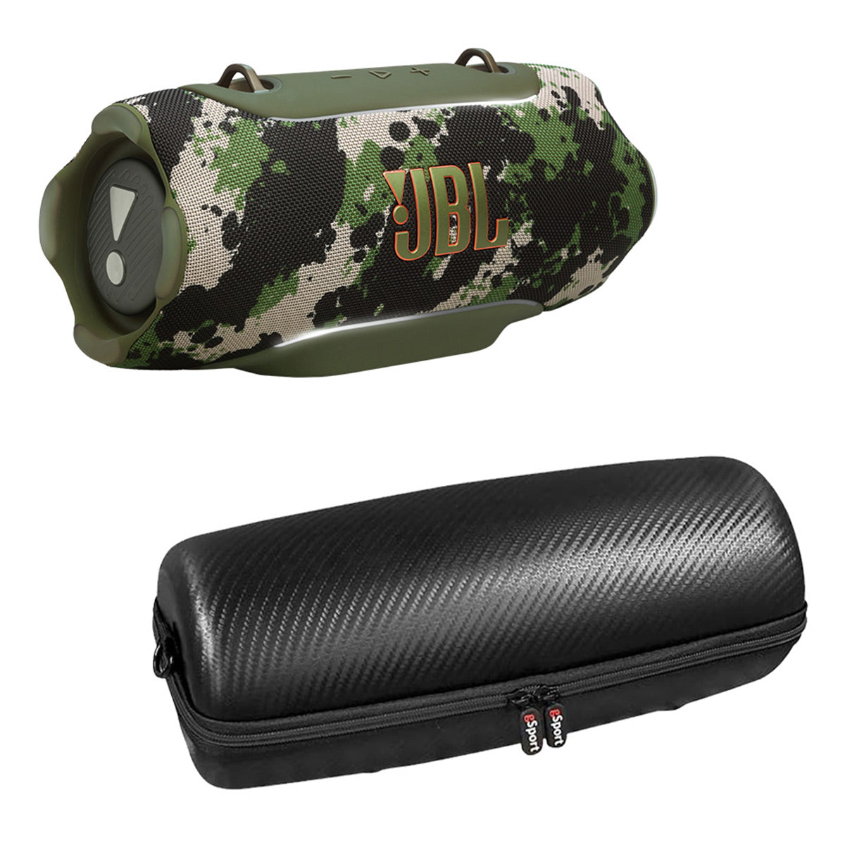Camouflage portable Bluetooth speaker with orange logo and black hard-shell carrying case