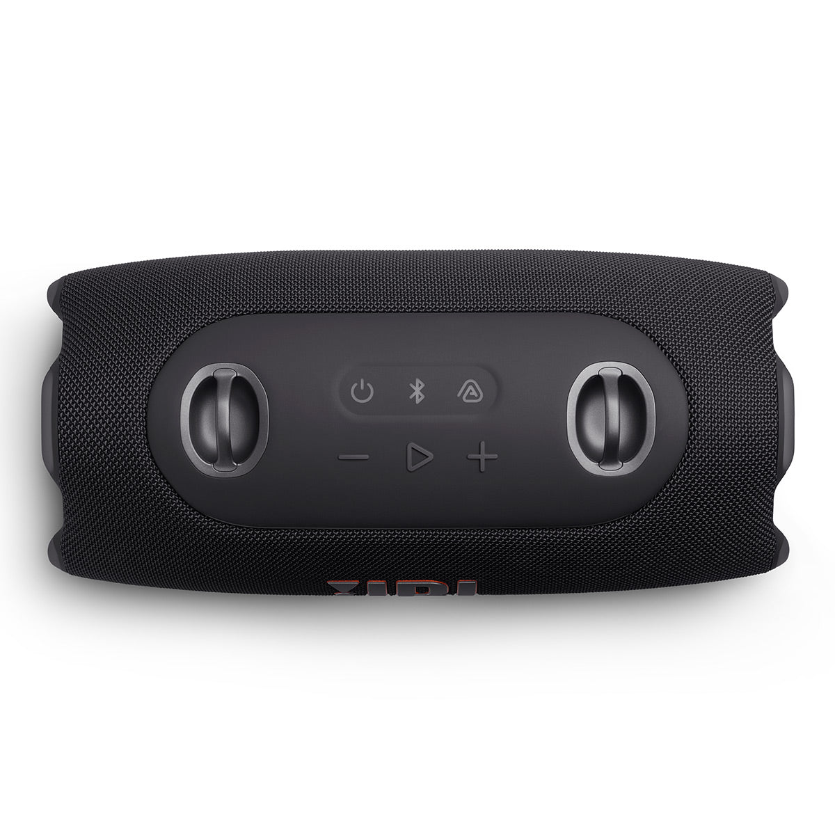 Black portable Bluetooth speaker with fabric mesh exterior and rubberized control panel