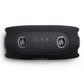 Black portable Bluetooth speaker with fabric mesh exterior and rubberized control panel