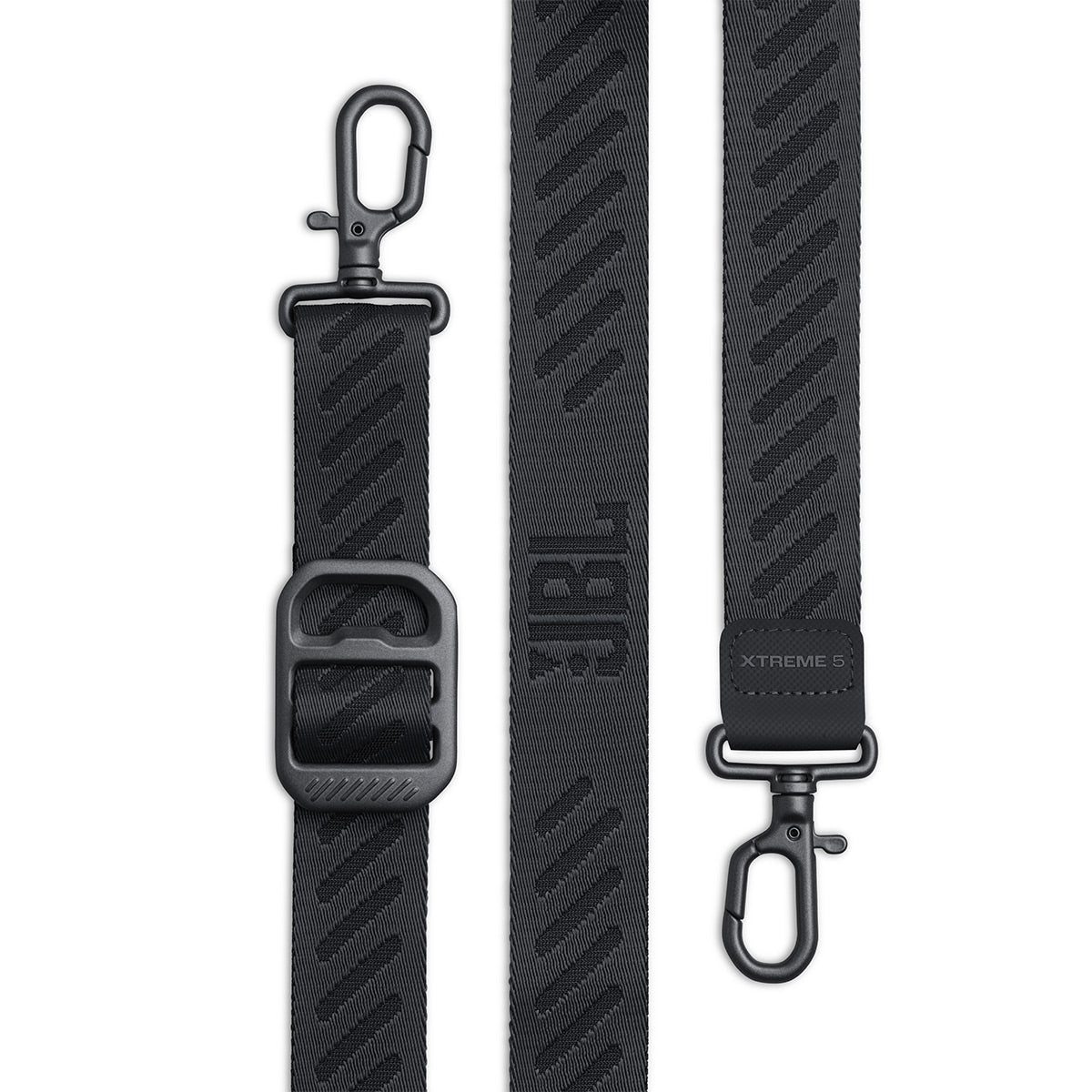 Black woven shoulder strap with metal swivel clips and adjustable buckle