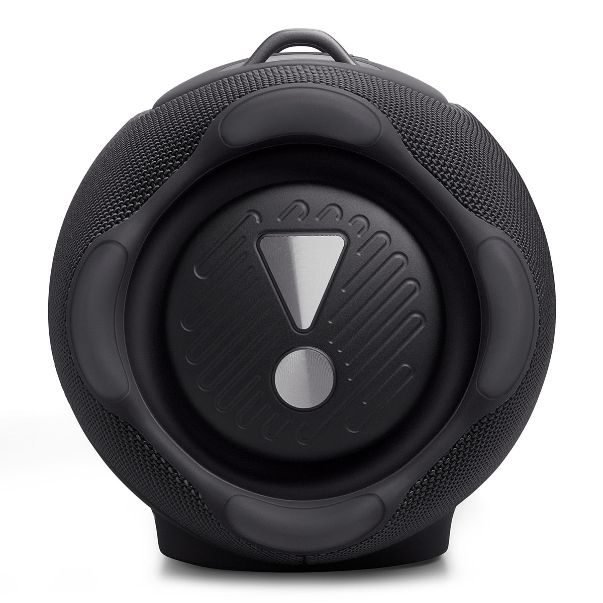 Black portable Bluetooth speaker with mesh grille, rubberized bumpers, and a top carry handle