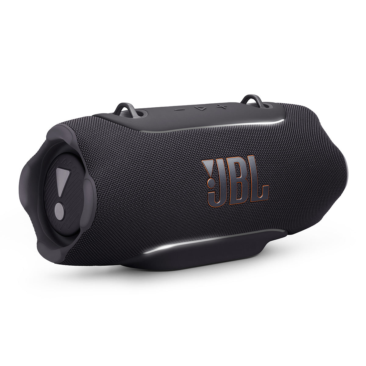 Black cylindrical portable speaker with woven fabric grille and orange logo