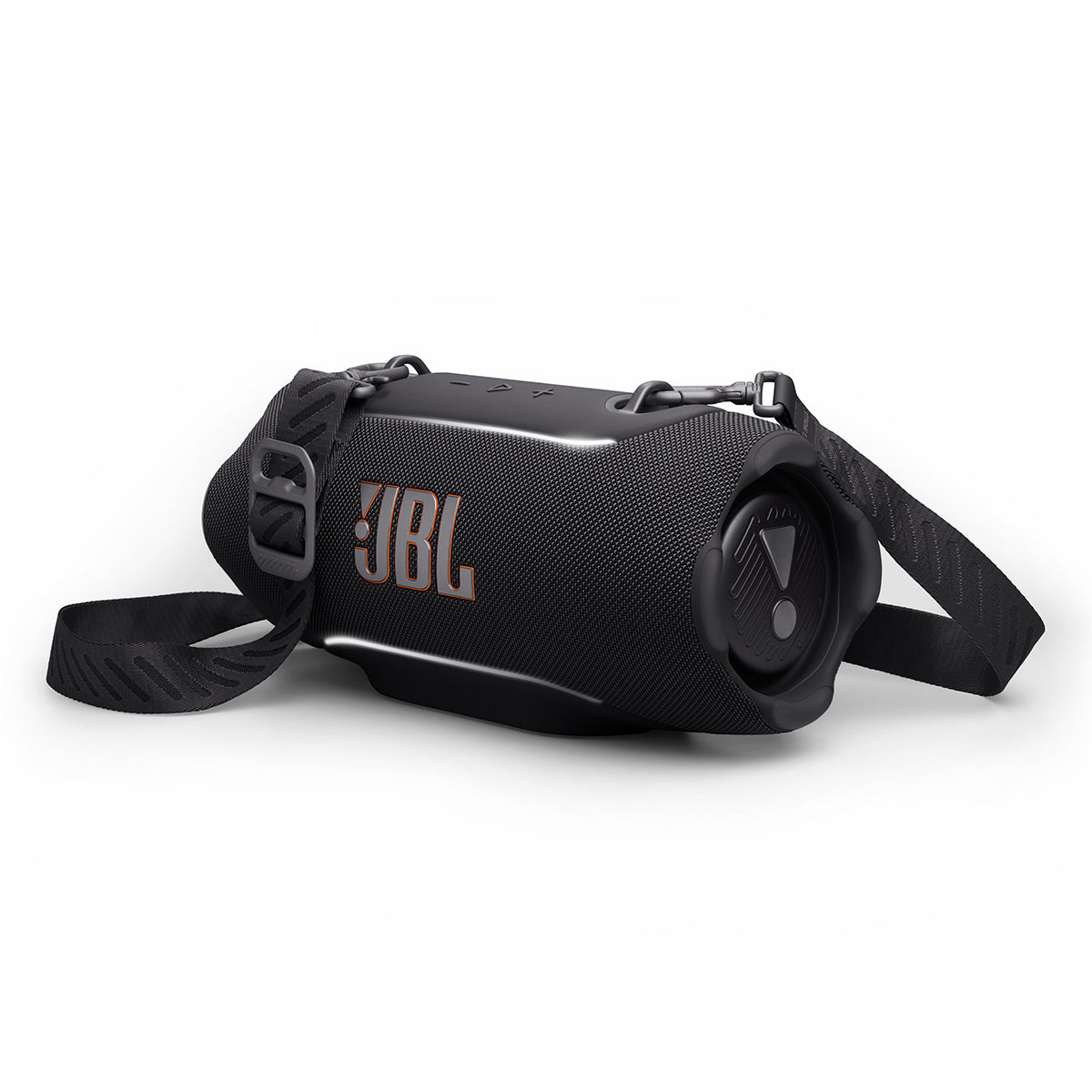 Black portable Bluetooth speaker with woven fabric grille and adjustable shoulder strap
