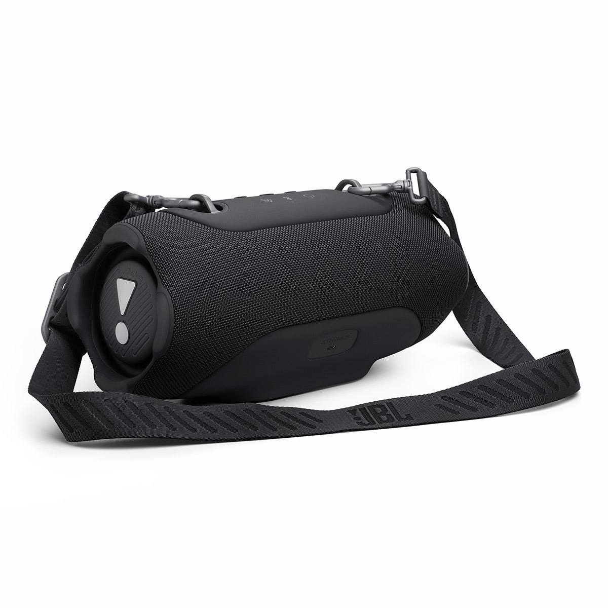 Black portable Bluetooth speaker with woven fabric grille and adjustable shoulder strap