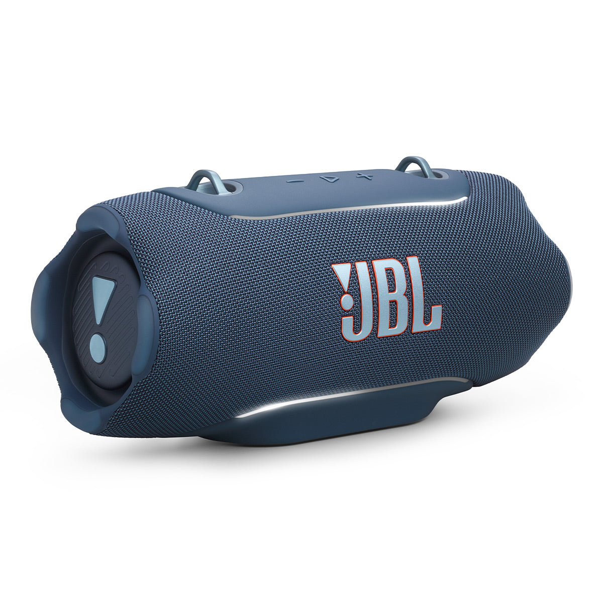 Blue cylindrical portable speaker with woven fabric grille and orange JBL logo