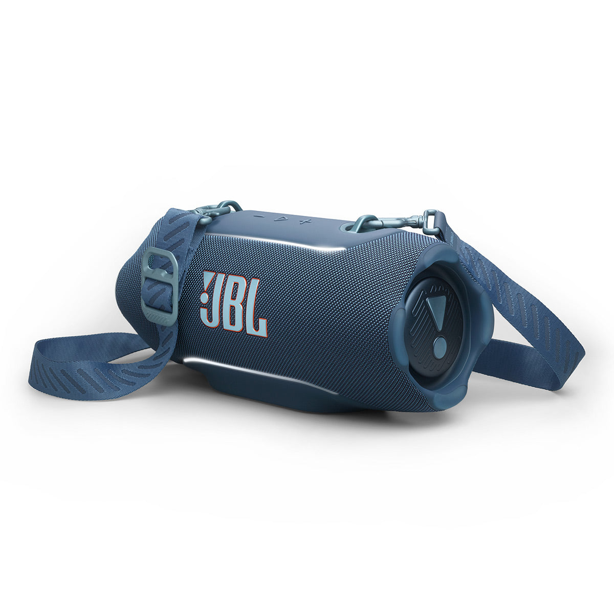 Blue portable Bluetooth speaker with a woven fabric grille, adjustable shoulder strap, and side pass