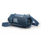 Blue portable Bluetooth speaker with a woven fabric grille, adjustable shoulder strap, and side pass