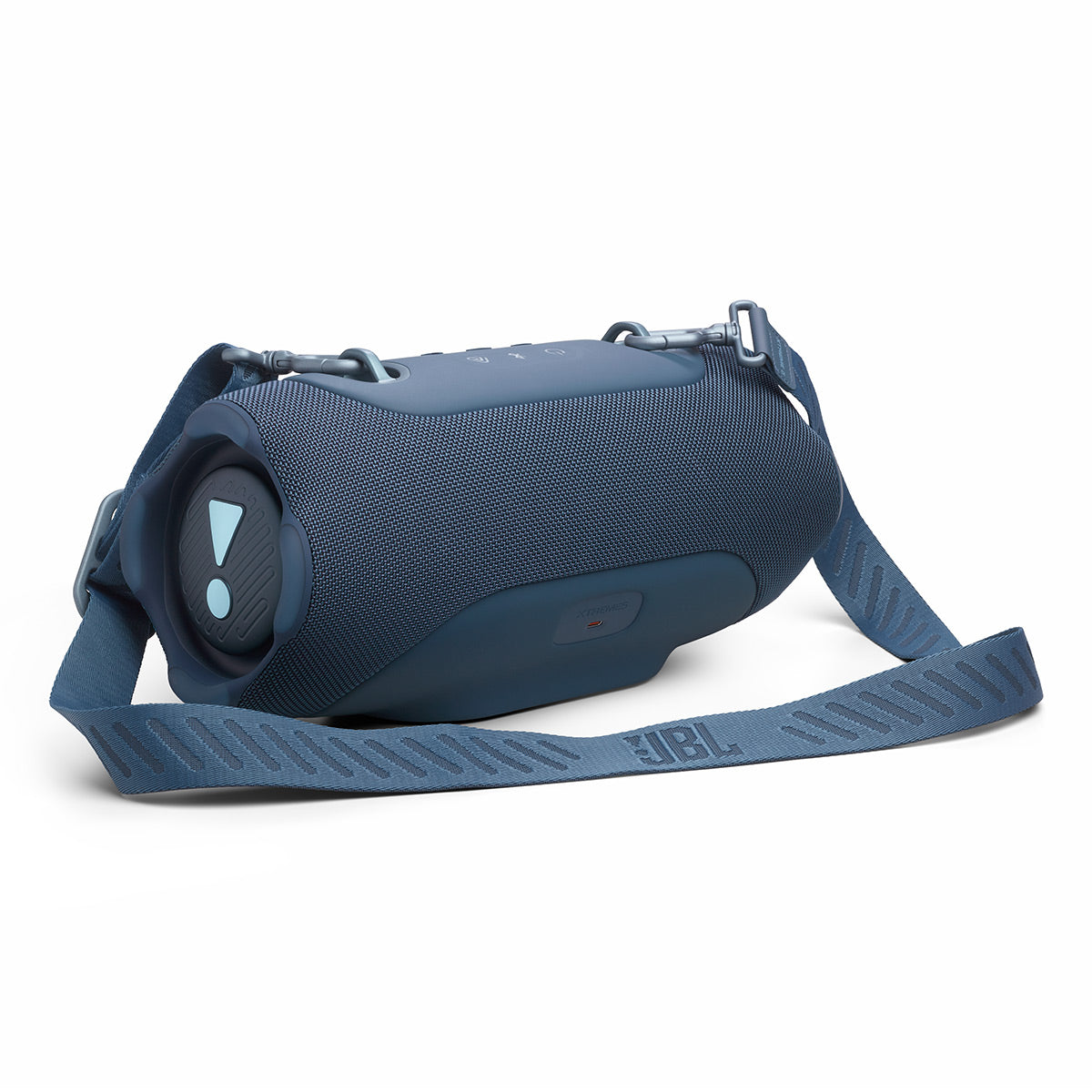 Blue portable Bluetooth speaker with fabric grille and attached shoulder strap