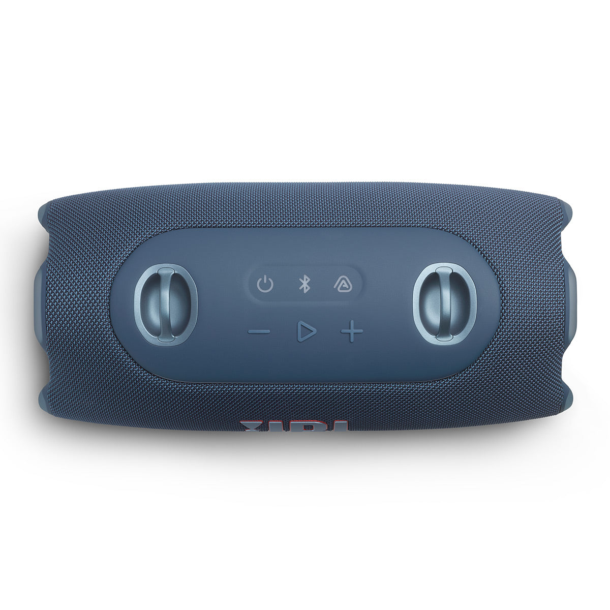 Blue portable Bluetooth speaker with fabric mesh exterior and rubberized control panel