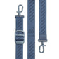 Blue woven shoulder strap with metal swivel clips and adjustable buckle