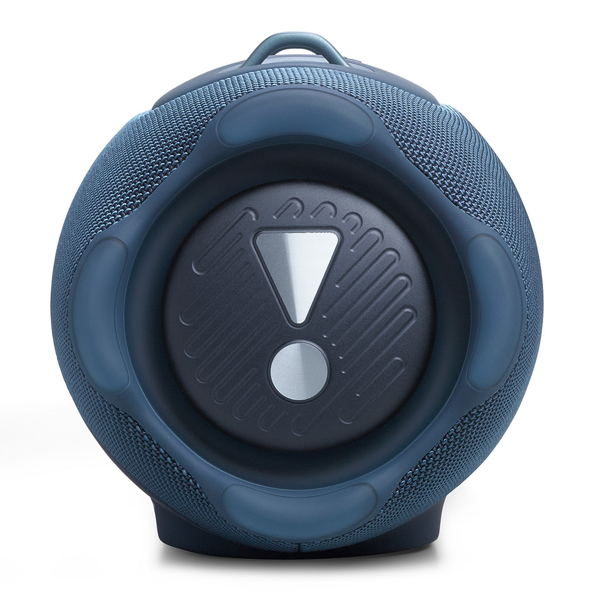 Blue portable Bluetooth speaker with mesh grille and rubberized accents