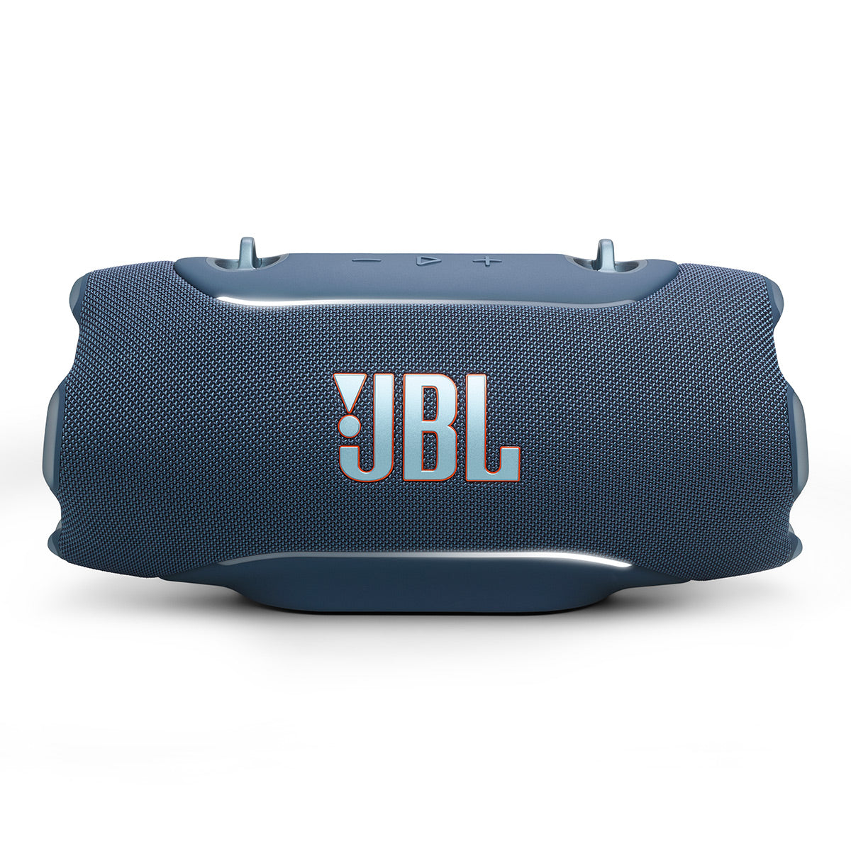 Blue portable Bluetooth speaker with fabric grille and orange JBL logo