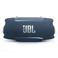 Blue portable Bluetooth speaker with fabric grille and orange JBL logo