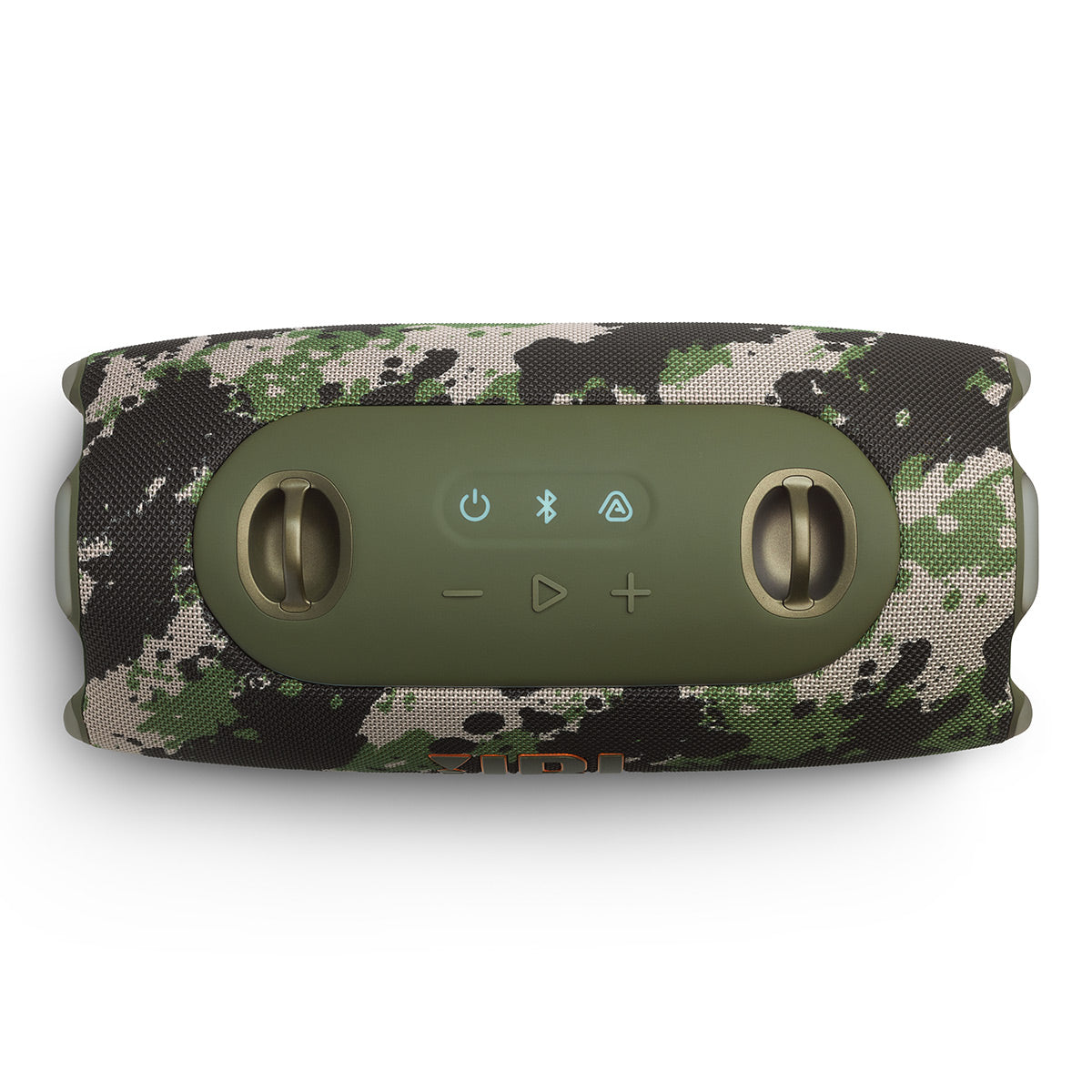 Camouflage patterned portable speaker with olive green control panel and illuminated buttons