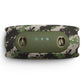 Camouflage patterned portable speaker with olive green control panel and illuminated buttons