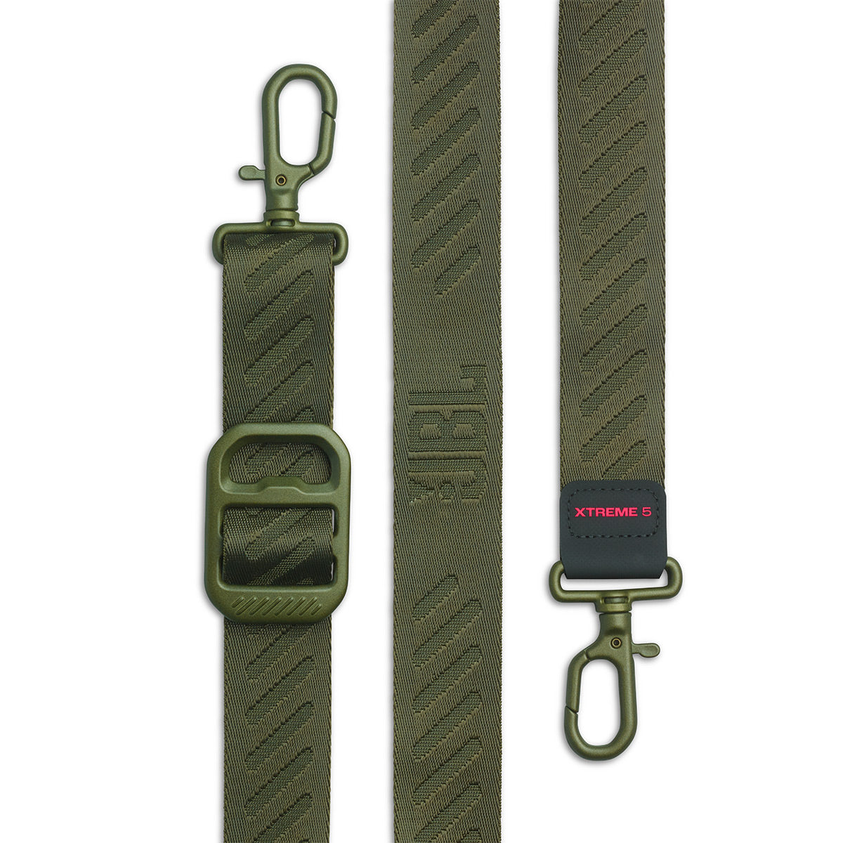 Olive green woven shoulder strap with adjustable buckle and swivel clips