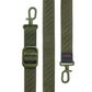 Olive green woven shoulder strap with adjustable buckle and swivel clips
