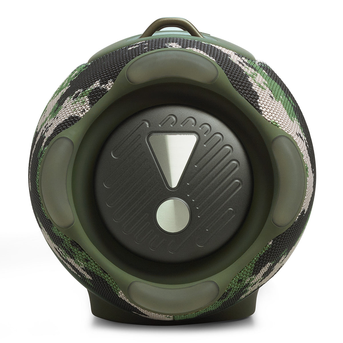 Portable Bluetooth speaker in camouflage fabric with a rubberized base and top handle