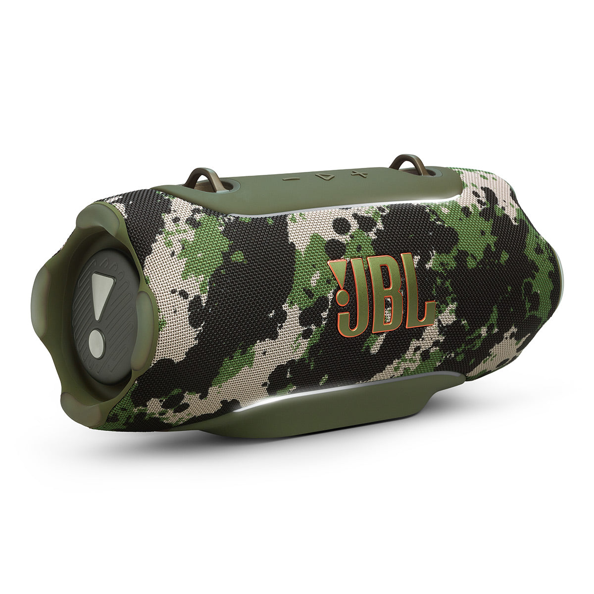 Portable Bluetooth speaker with camouflage fabric, orange JBL logo, and top carry loops