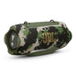 Portable Bluetooth speaker with camouflage fabric, orange JBL logo, and top carry loops