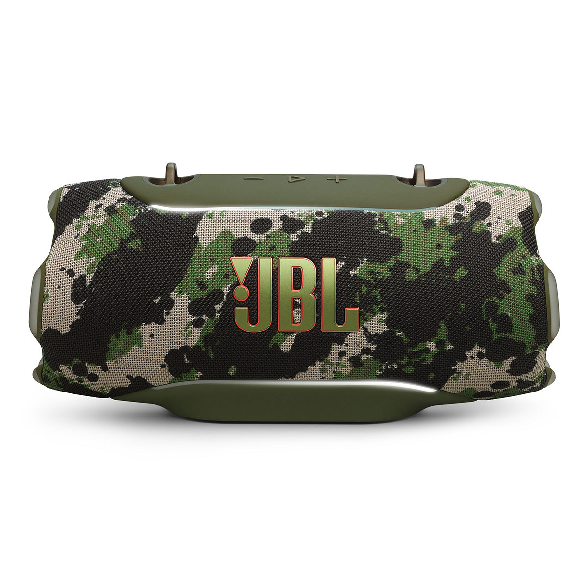 Portable Bluetooth speaker with camouflage pattern and orange JBL logo