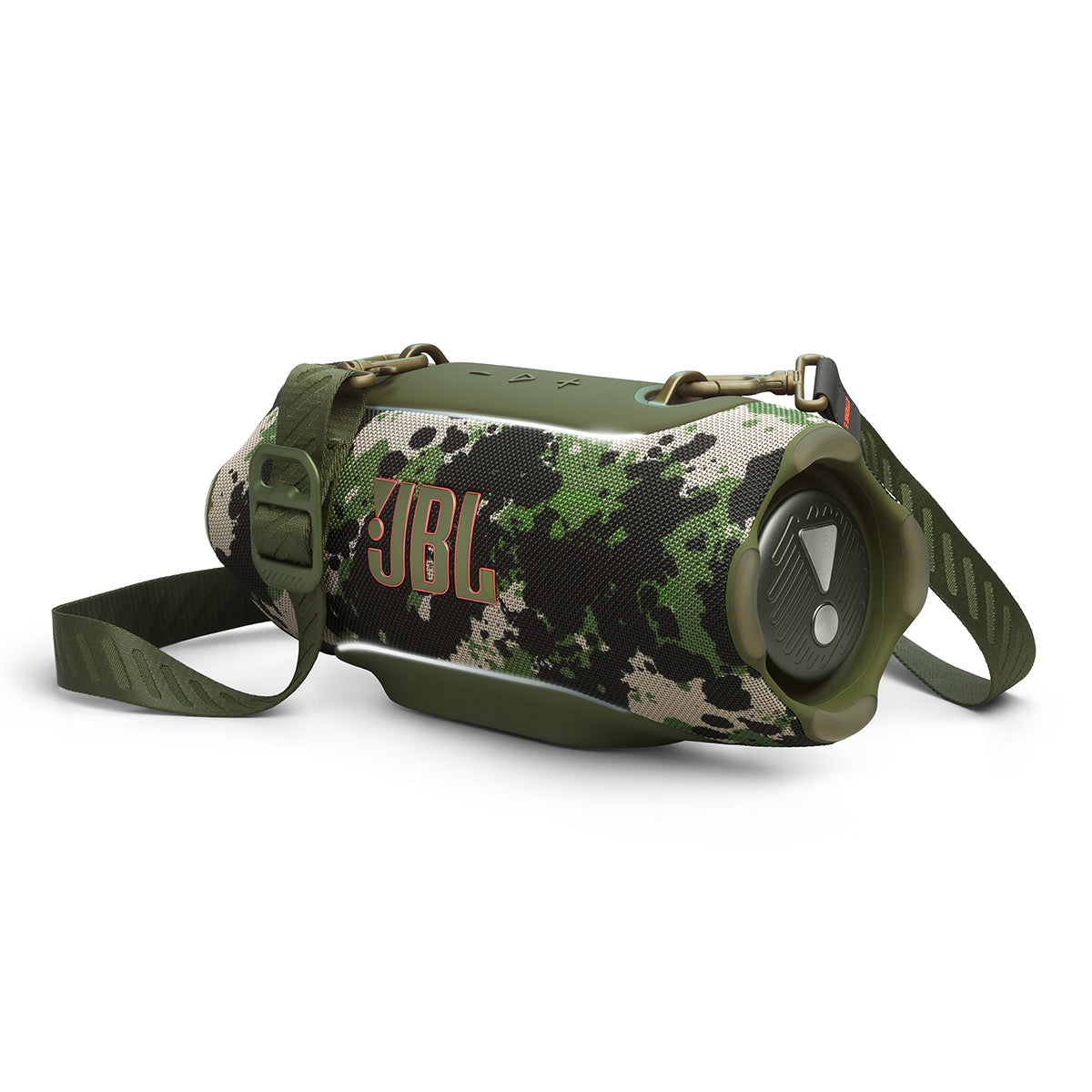 Camouflage patterned portable speaker with adjustable shoulder strap and orange logo