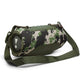 Camouflage portable Bluetooth speaker with a detachable green shoulder strap and rubberized end caps