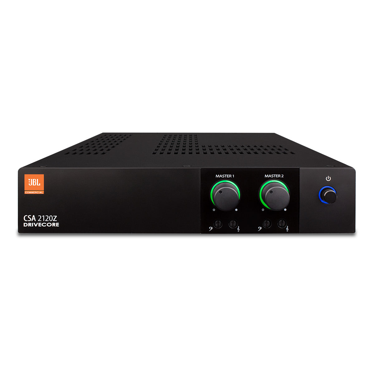 Black rack-mount power amplifier with two green-lit master volume knobs and a blue power button