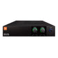 Black rack-mount power amplifier with two green-lit master volume knobs and a blue power button