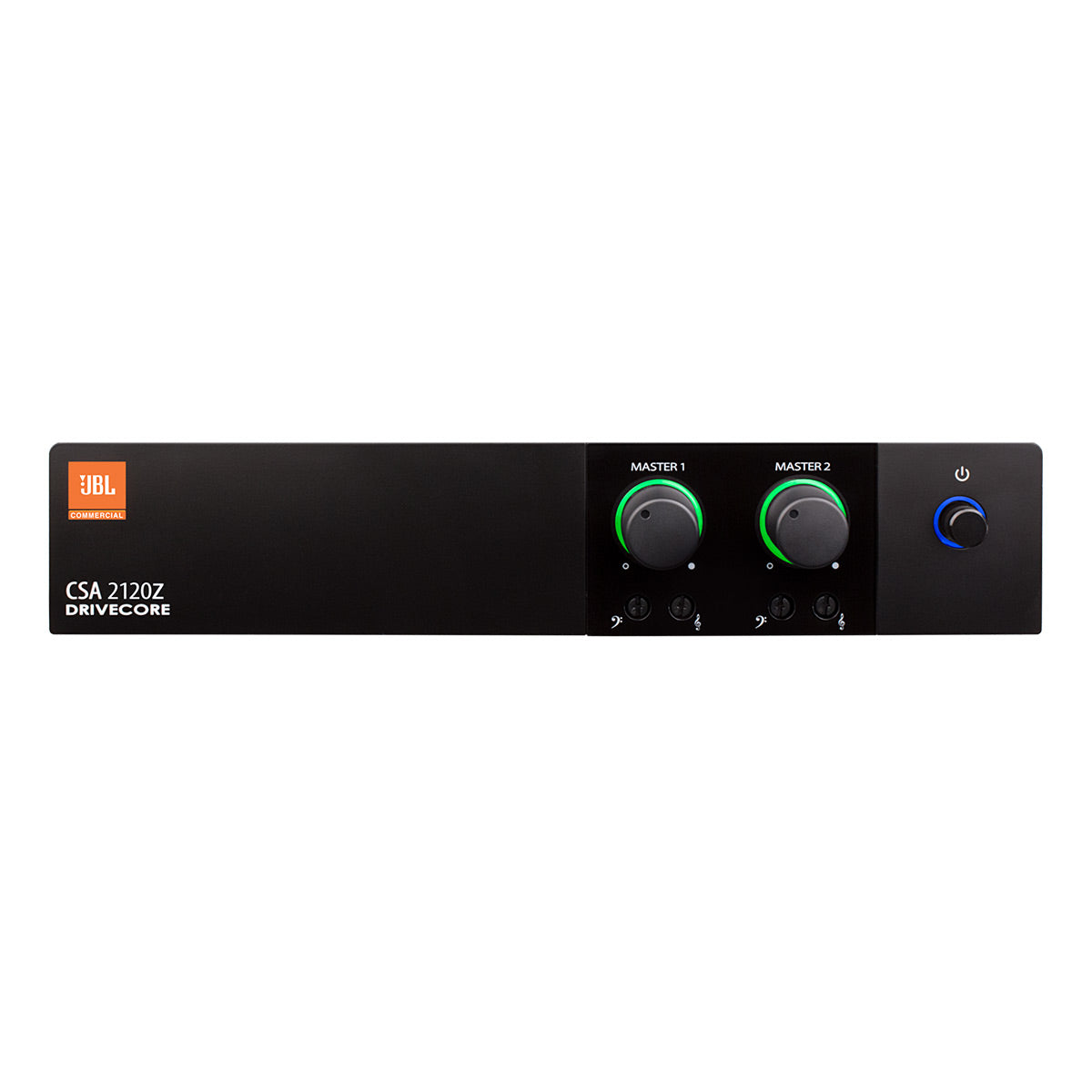 Black rack-mount power amplifier with two green-lit master volume knobs and a blue power button