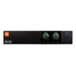 Black rack-mount power amplifier with two green-lit master volume knobs and a blue power button