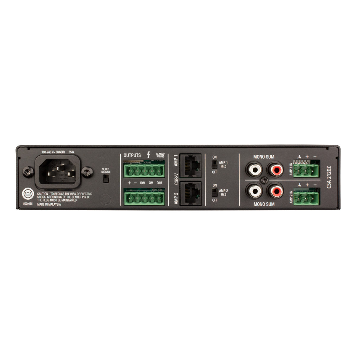 Black commercial power amplifier rear panel with green terminal blocks, RCA inputs, and power socket