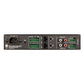 Black commercial power amplifier rear panel with green terminal blocks, RCA inputs, and power socket