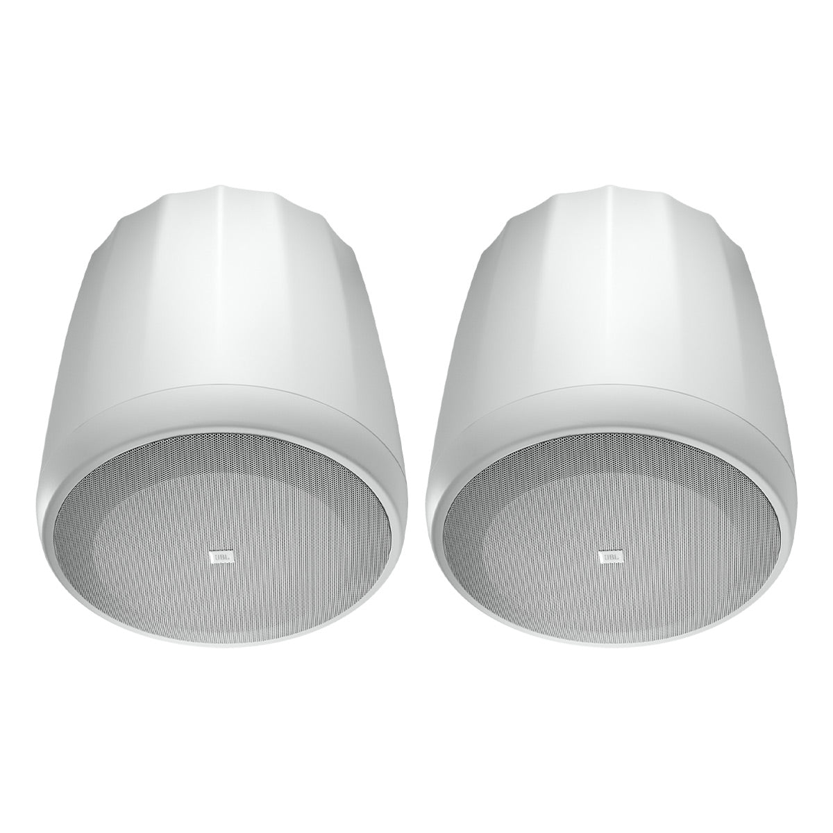 Pair of white pendant speakers with tapered housings and perforated metal grilles