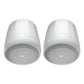 Pair of white pendant speakers with tapered housings and perforated metal grilles
