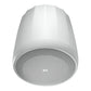 White pendant speaker with a tapered housing and perforated metal grille